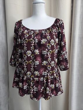 Alya Burgundy Floral Peasant Top Bell Sleeves Size M